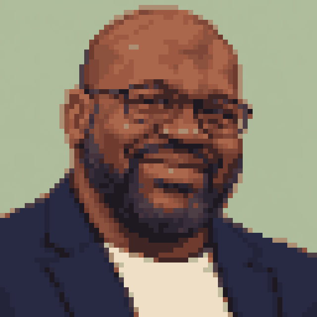 Unofficial AI-generated image of Shaquille O’Neal: pixel bust with a bald head and a beard and a navy jacket on sage.