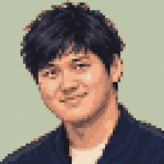 Unofficial AI-generated image of Shohei Ohtani: pixel bust with swept dark hair and a light shirt and a navy jacket on sage.
