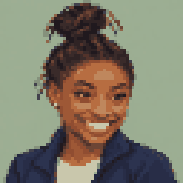 Unofficial AI-generated image of Simone Biles: pixel bust with a dark hair bun and a light shirt and a navy jacket on sage.