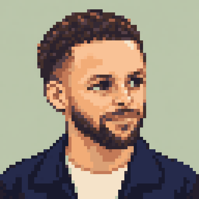 Unofficial AI-generated image of Stephen Curry: pixel bust with short dark curls and a beard and a navy jacket on sage.