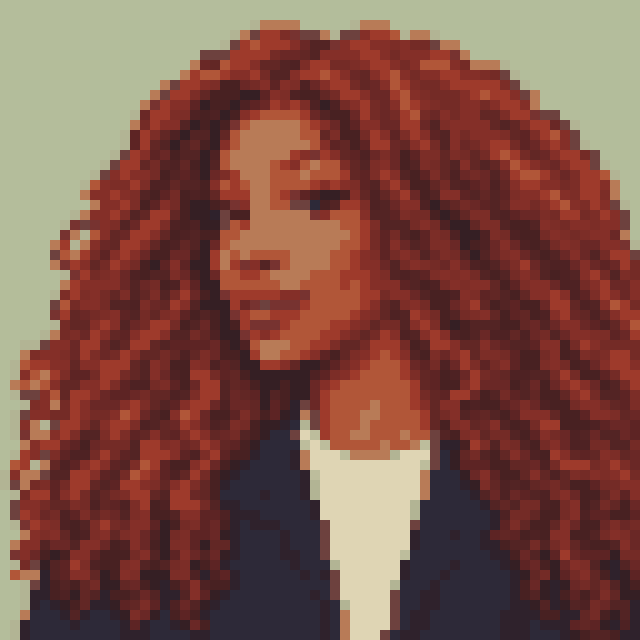 Unofficial AI-generated image of SZA: pixel bust with long red-brown curls and a light shirt and a navy jacket on sage.