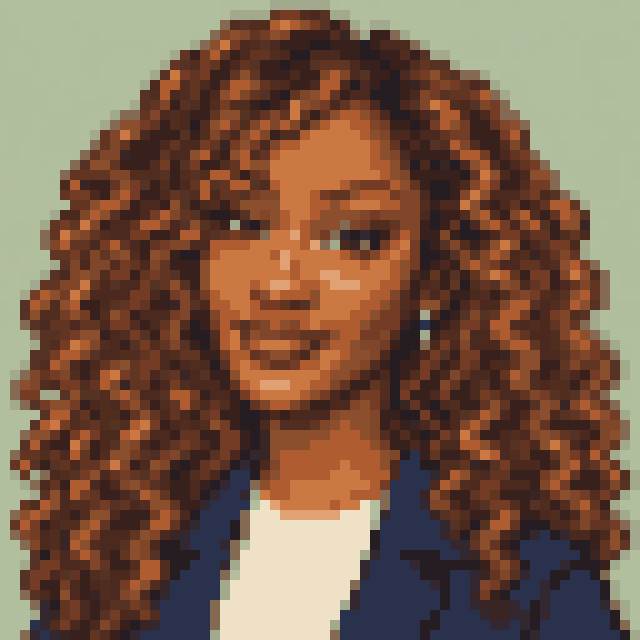 Unofficial AI-generated image of Tems: pixel bust with brown curls and a light shirt and a navy jacket on sage.