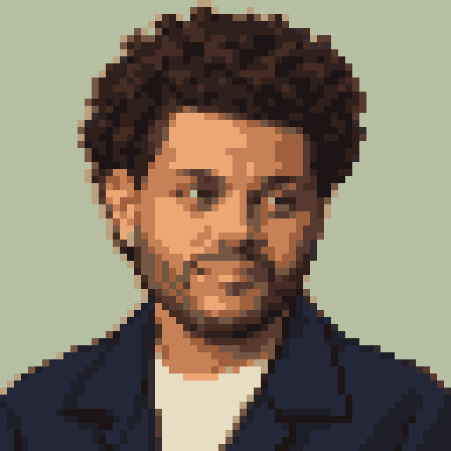 Unofficial AI-generated image of The Weeknd: pixel bust with short dark curls and a beard and a navy jacket on sage.