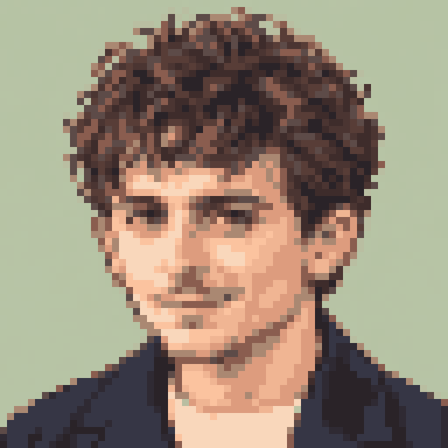 Unofficial AI-generated image of Timothée Chalamet: pixel bust with dark curls and stubble and a navy jacket on sage.