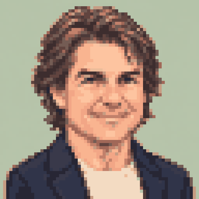 Unofficial AI-generated image of Tom Cruise: pixel bust in a navy jacket on sage.
