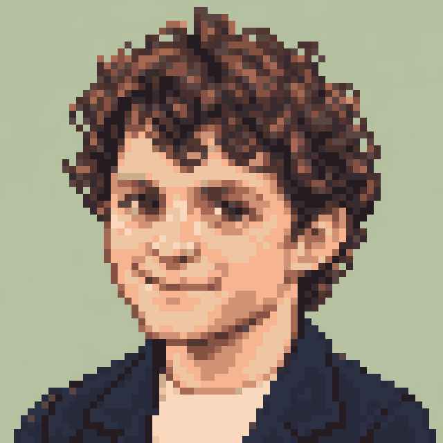 Unofficial AI-generated image of Tom Holland: pixel bust in a navy jacket on sage.