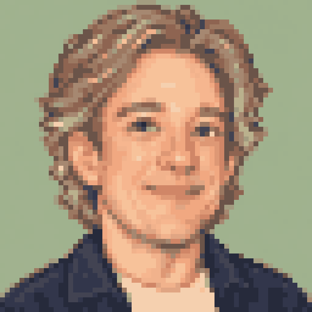 Unofficial AI-generated image of Tom Scott: pixel bust with short grey-brown hair and a light shirt and a navy jacket on sage.