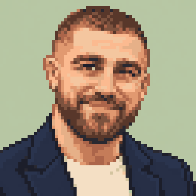Unofficial AI-generated image of Travis Kelce: pixel bust with cropped brown hair and a beard and a navy jacket on sage.