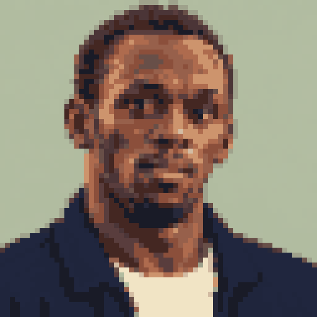 Unofficial AI-generated image of Usain Bolt: pixel bust with short dark hair and a beard and a navy jacket on sage.