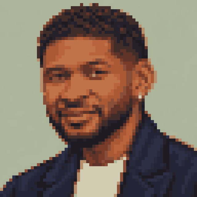 Unofficial AI-generated image of Usher: pixel bust with short dark hair and a beard and a navy jacket on sage.