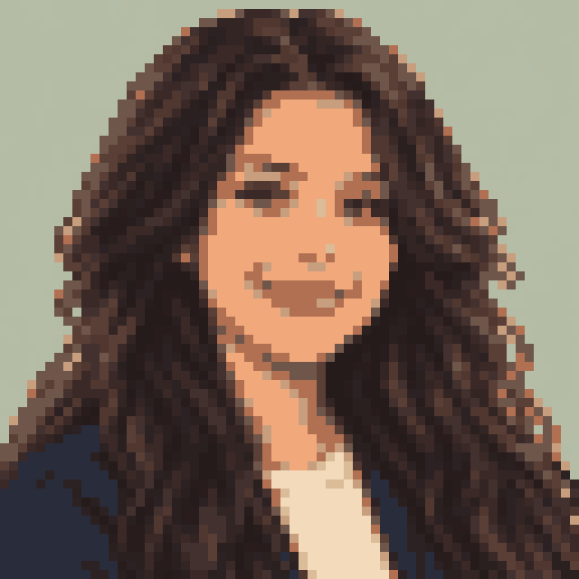 Unofficial AI-generated image of Valkyrae: pixel bust with long dark waves and a light shirt and a navy jacket on sage.