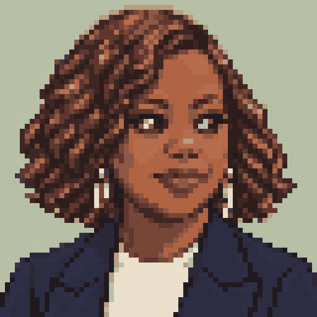 Unofficial AI-generated image of Viola Davis: pixel bust with a wavy bob, earrings and a navy jacket on sage.