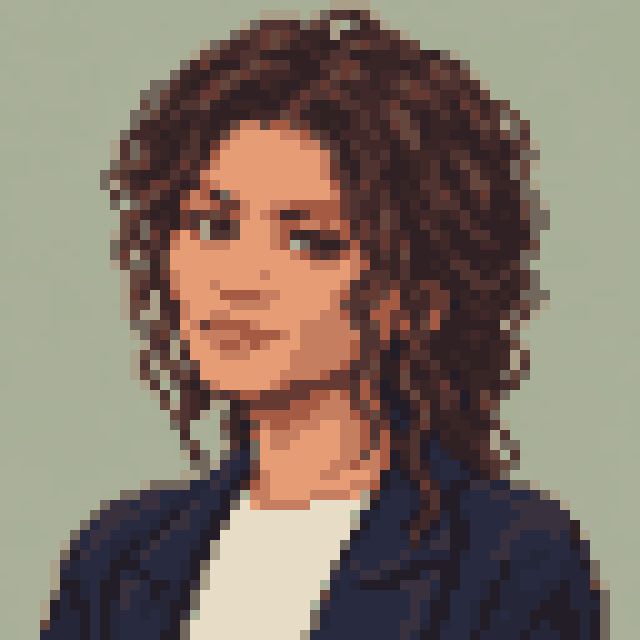 Unofficial AI-generated image of Zendaya: pixel bust with curly hair, a navy jacket and a sage background.