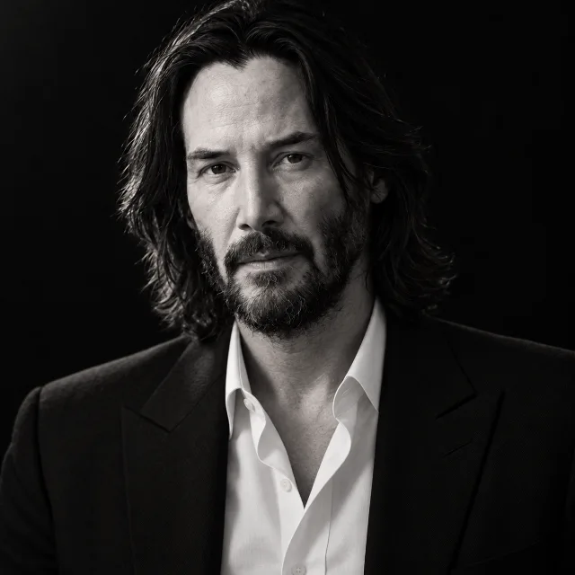Unofficial AI-generated image of Keanu Reeves: black suit against a dark background with sculpted side light.