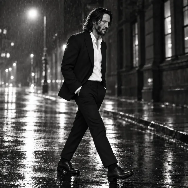 Unofficial AI-generated image of Keanu Reeves: walking through a rain-darkened city at night, black suit jacket in backlight.