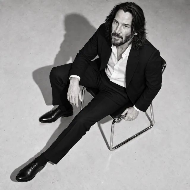 Unofficial AI-generated image of Keanu Reeves: seated on a chrome chair, looking up toward an overhead camera under flash light.