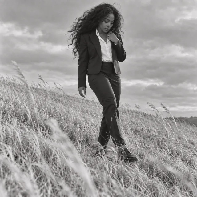 Unofficial AI-generated image of SZA: walking across a grassy slope in a black suit and white open-collar shirt.