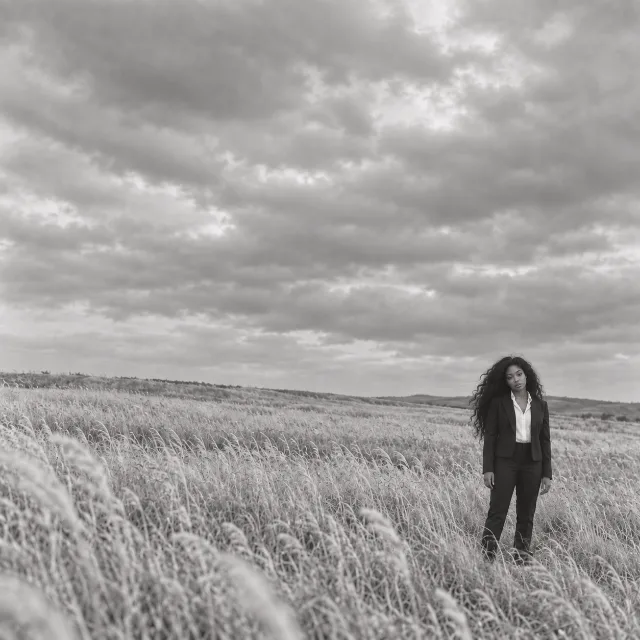 Unofficial AI-generated image of SZA: standing small at the right of a broad pale grassland under a cloudy sky.