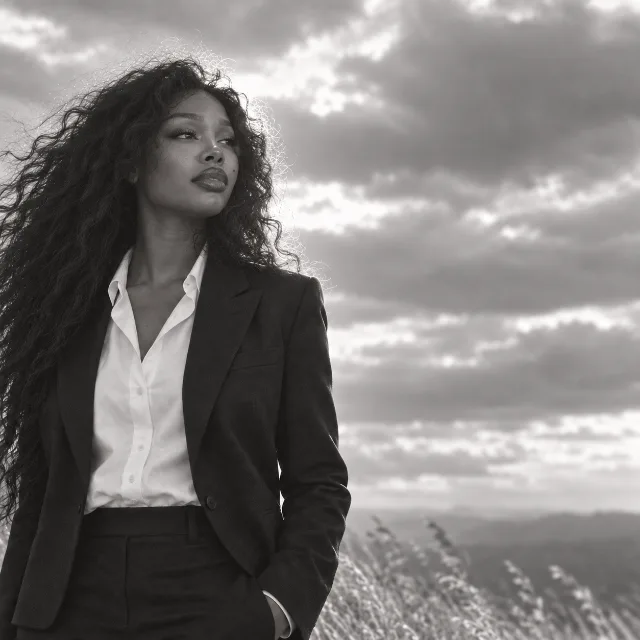 Unofficial AI-generated image of SZA: looking toward the horizon, backlight tracing her hair against the sky.