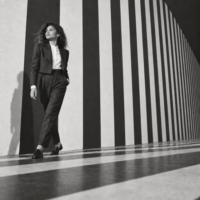 Unofficial AI-generated image of Zendaya: standing at the left of an immense striped wall, seen from floor level.