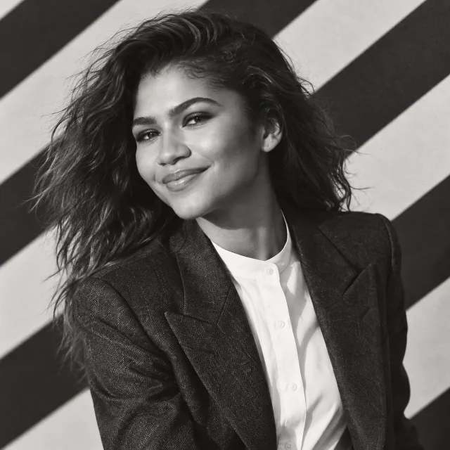 Unofficial AI-generated image of Zendaya: close portrait with a restrained smile against diagonal stripes.