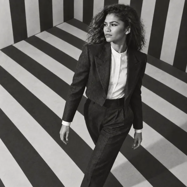 Unofficial AI-generated image of Zendaya: turning her shoulders against a striped corner, seen from above.