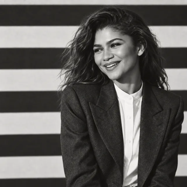 Unofficial AI-generated image of Zendaya: laughing softly against horizontal stripes in a cropped charcoal jacket.